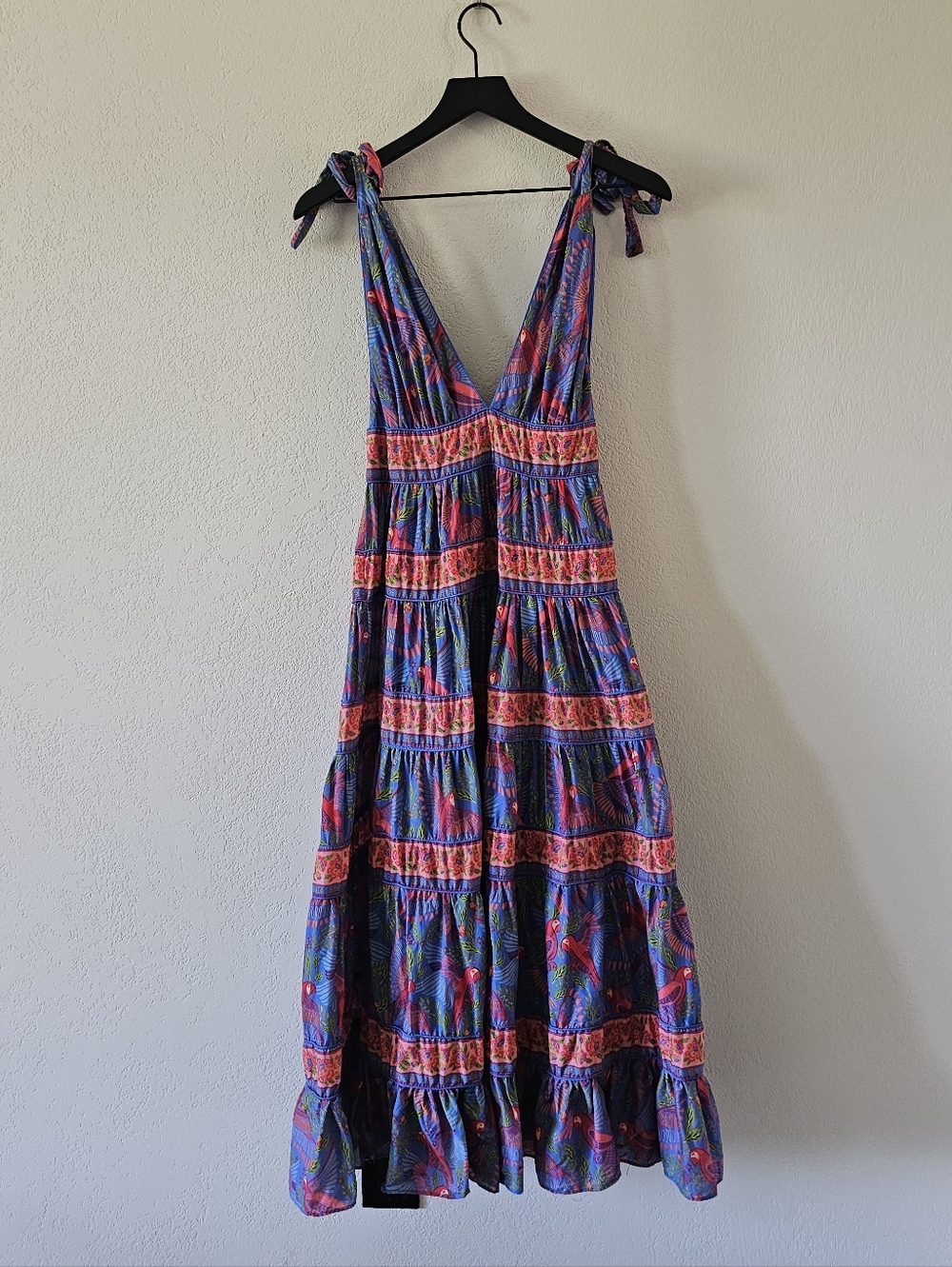 Farm Rio Blue Macaw Tie Shoulder Tiered Midi Dress - Picture 2 of 12